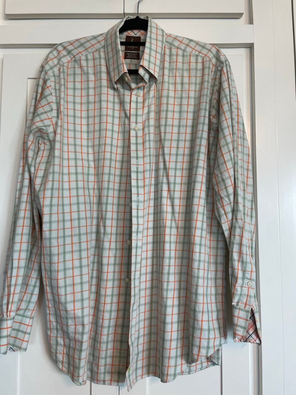 TailorByrd 100% Cotton men's Large green orange plaid long sleeve button up